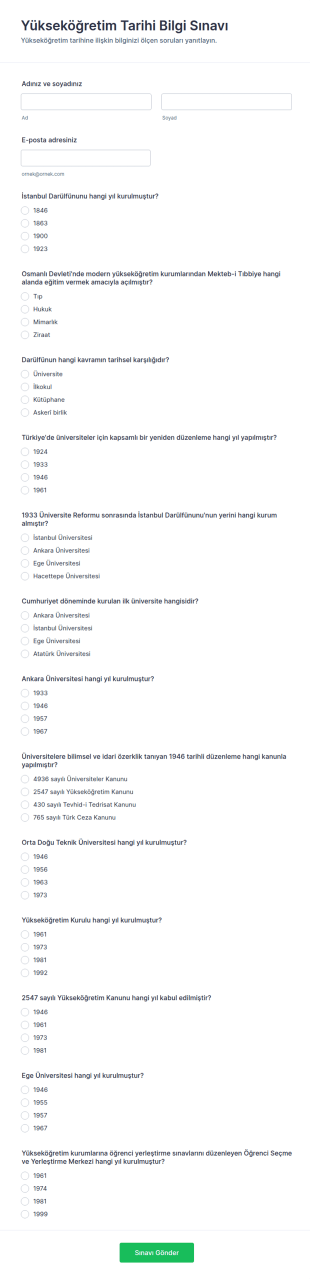 Yükseköğretim Tarih Bilgi Sınavı Quiz Form Şablonu