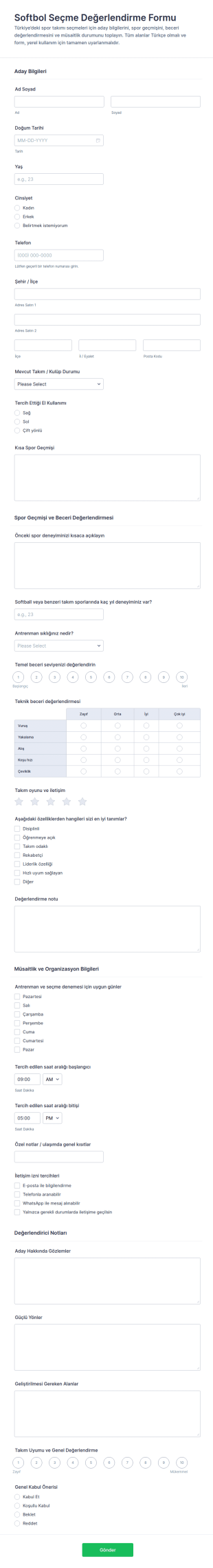 Yumuşak Top Deneme Değerlendirme Anketi Form Şablonu