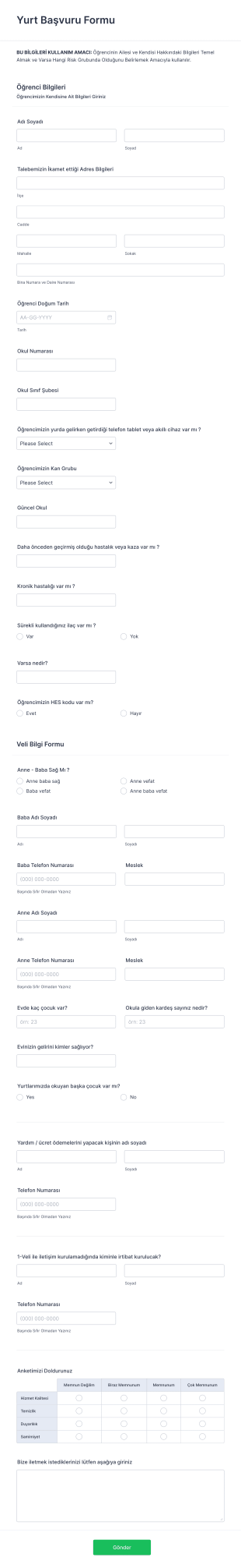 Yurt Başvuru Form Template