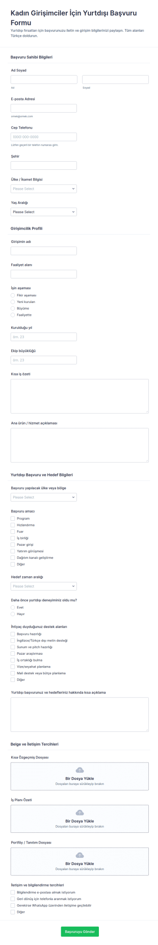Yurt Dışındaki Kadın Girişimciler Başvuru Form Şablonu