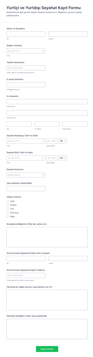 Yurtiçi Ve Yurtdışı Seyahat Kayıt Form Şablonu