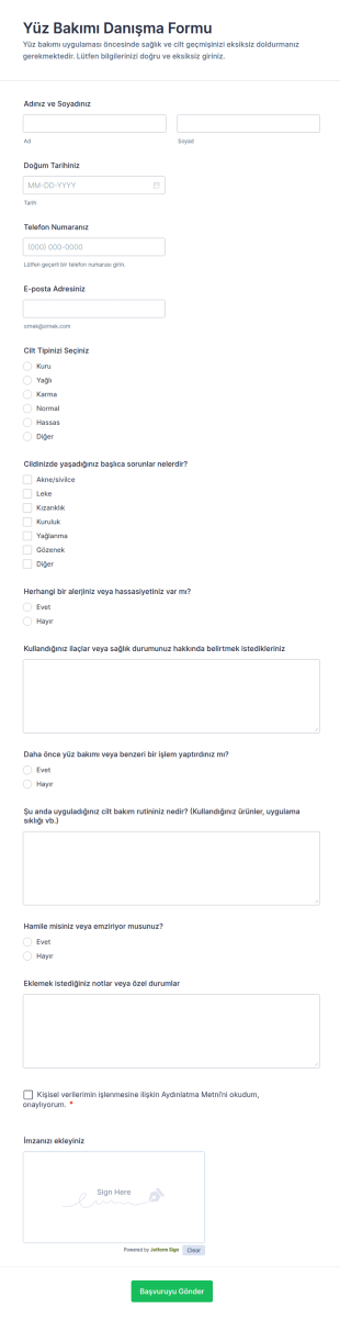 Yüz Bakımı Danışma Form Şablonu
