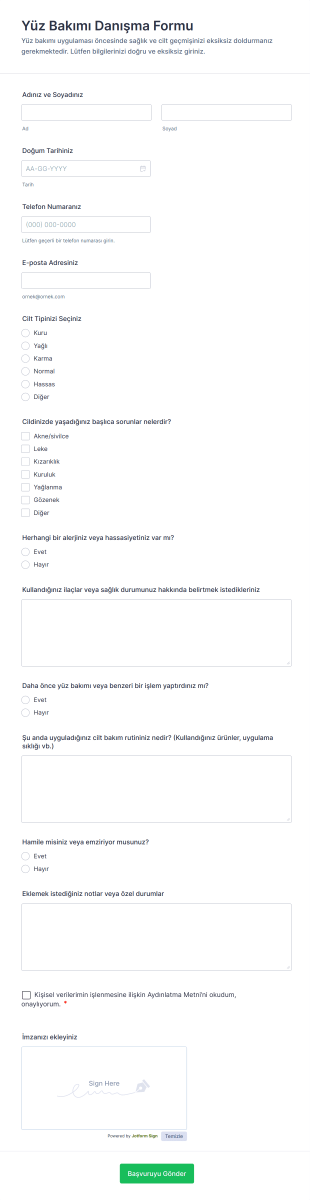 Yüz Bakımı Danışma Form Şablonu
