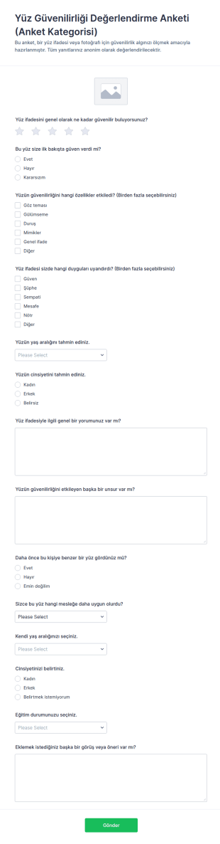 Yüz Güvenilirlik Değerlendirme Anketi Form Şablonu