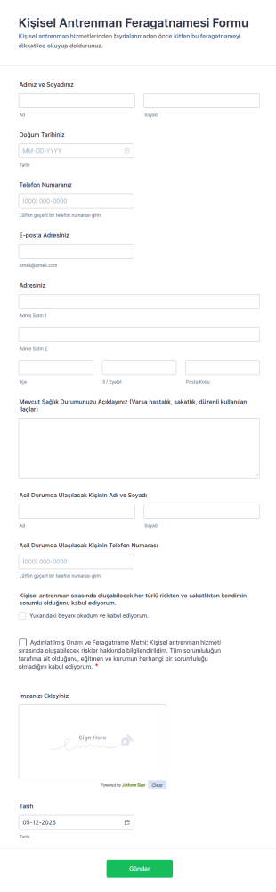 Kişisel Antrenman Feragatnamesi Form Şablonu