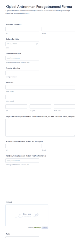 Kişisel Antrenman Feragatnamesi Form Şablonu