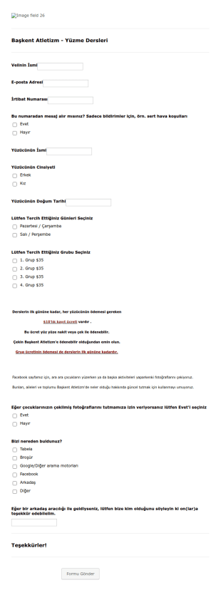 Yüzme Dersleri Kayıt Form Şablonu