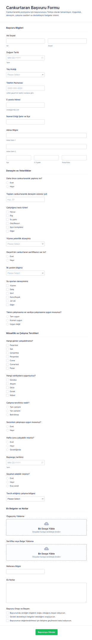 Yüzme Görevlisi Başvuru Form Şablonu