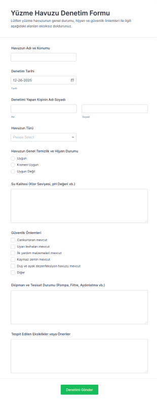 Yüzme Havuzu Denetim Form Template