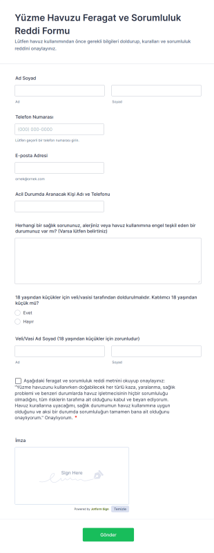 Yüzme Havuzu Feragat Ve Sorumluluk Reddi Form Template