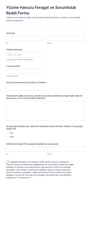 Yüzme Havuzu Feragat Ve Sorumluluk Reddi Form Şablonu