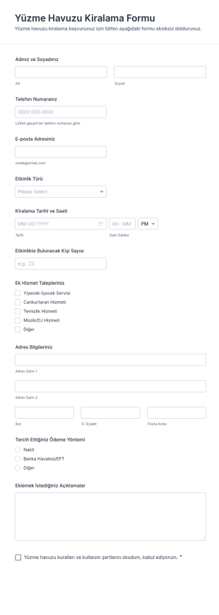 Yüzme Havuzu Kiralama Form Şablonu