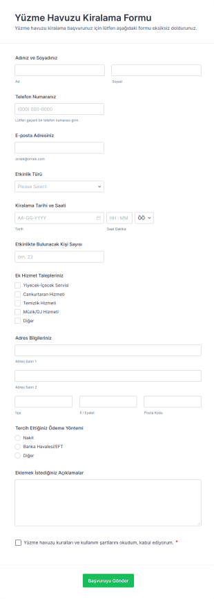Yüzme Havuzu Kiralama Form Şablonu