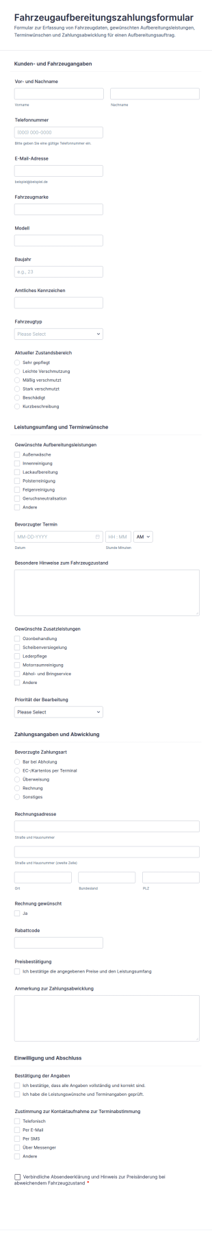 Zahlungsformular Für Autopflege