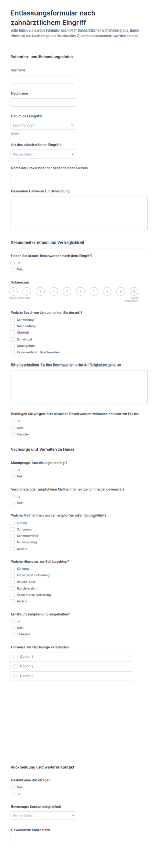 Zahnarztbehandlungsentlassungsformular