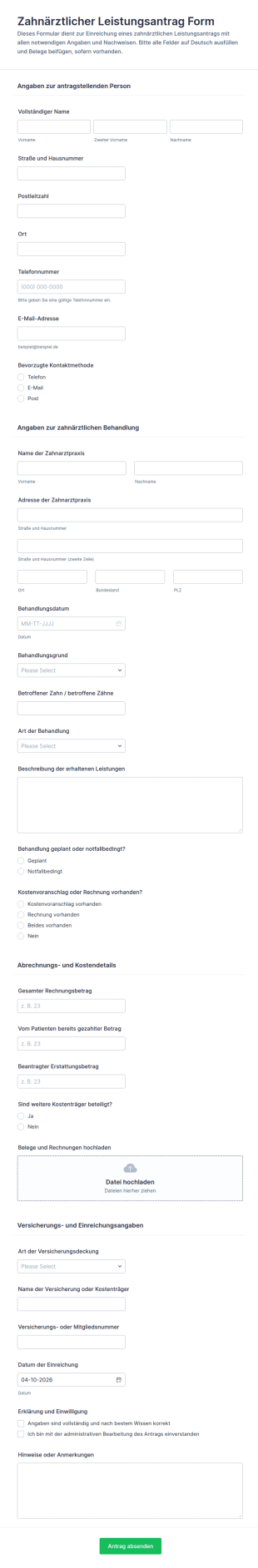 Zahnärztliche Abrechnungsformular Für Medizinische Leistungen