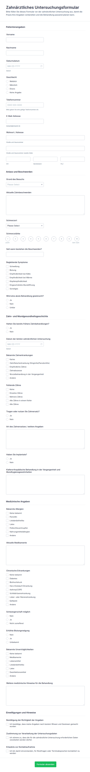 Zahnärztliche Untersuchung Form