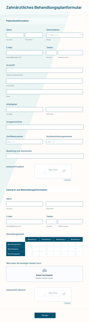 Zahnärztliches Behandlungsplanformular Form Template