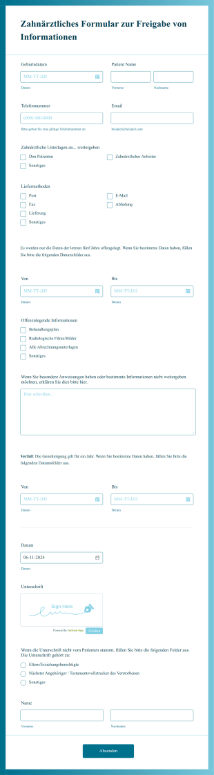 Zahnärztliches Formular Zur Freigabe Von Informationen