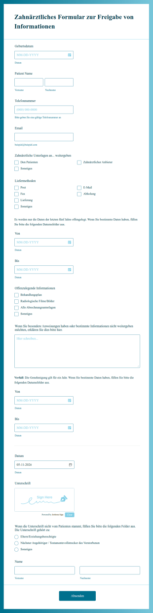 Zahnärztliches Formular Zur Freigabe Von Informationen