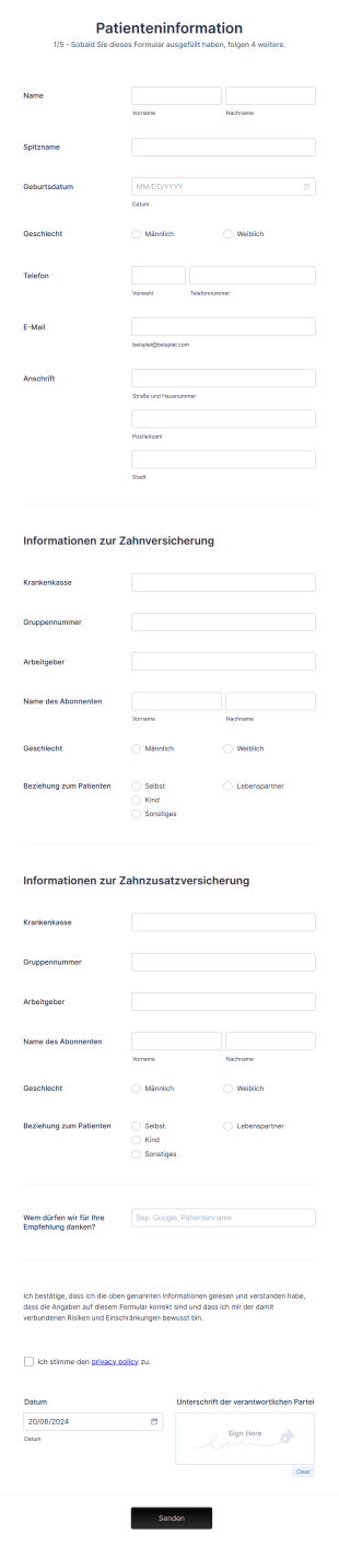 Zahnärztliches Patienteninformationsformular Form Template