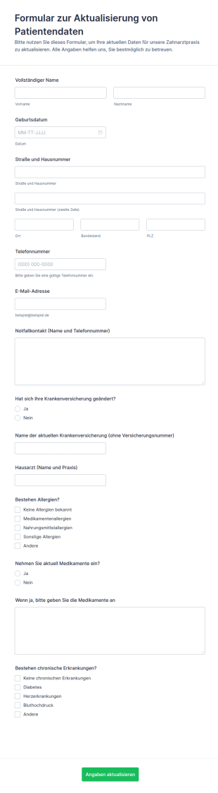 Zahnarztpatienten Informationsaktualisierungsformular