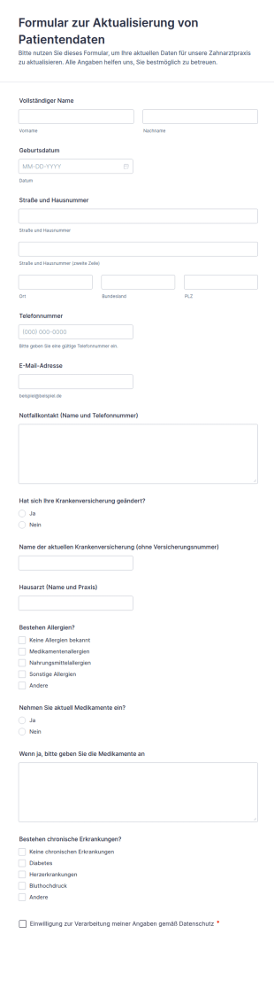 Zahnarztpatienten Informationsaktualisierungsformular