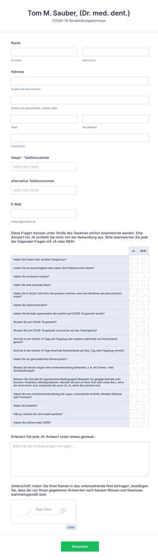Zahnarztpraxis COVID 19 Vorabklärungsformular