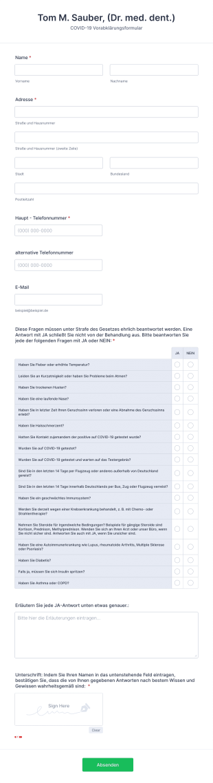 Zahnarztpraxis COVID 19 Vorabklärungsformular Form Template