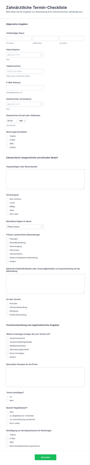 Zahnarzttermin Checkliste Formular 🦷📝
