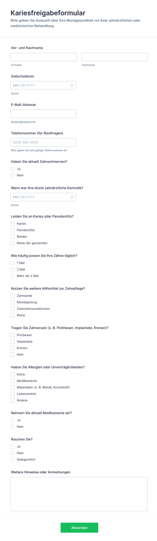 Zahnfüllungs Entfernung Erfassungsformular