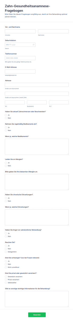 Zahngesundheitsanamnese Fragebogen 🦷