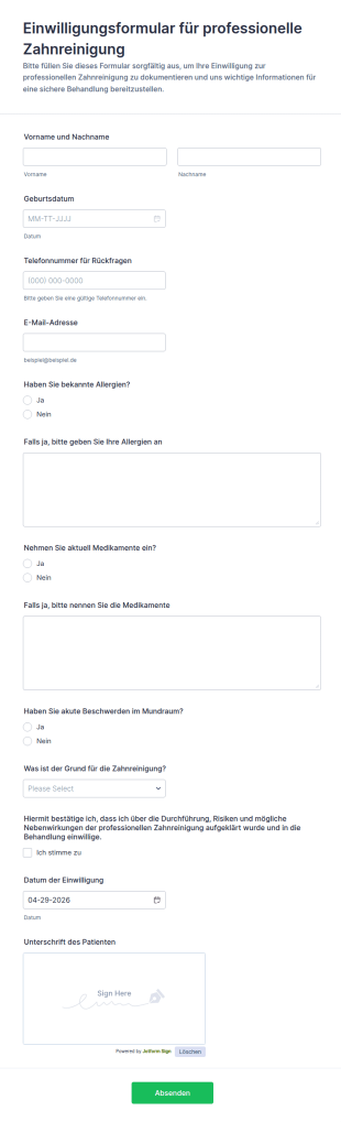 Zahnreinigung Freigabeformular