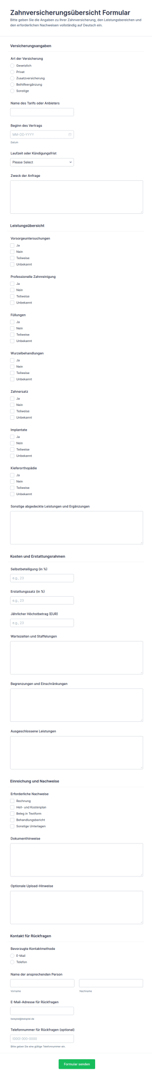 Zahnzusatzversicherung Aufschlüsselungsformular