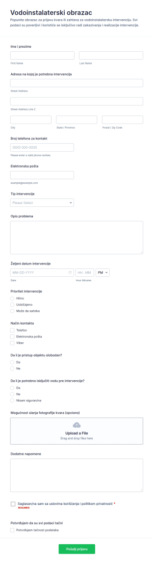 Zahtev Za Uslugu Vodoinstalatera