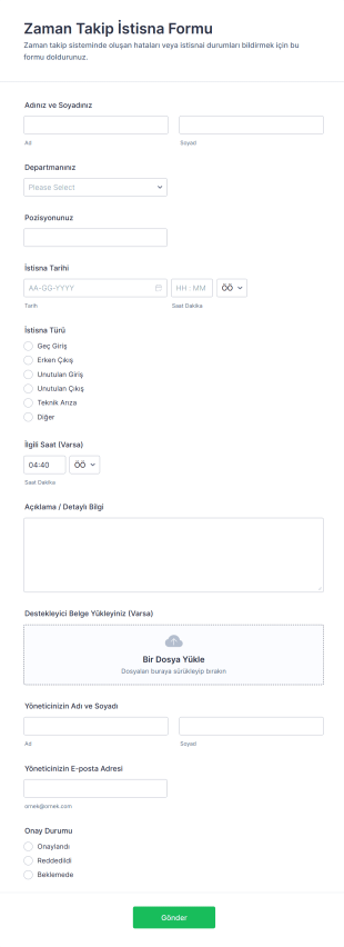 Zaman Takip İstisna Form Şablonu