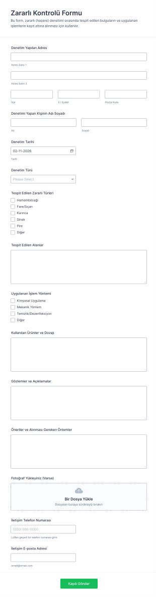Zararlı Kontrolü Form Şablonu