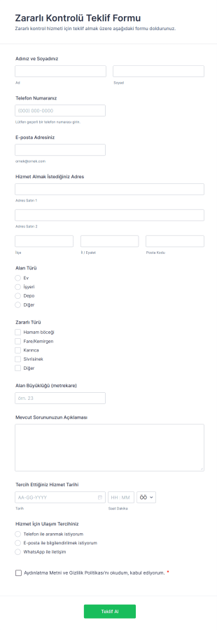 Zararlı Kontrolü Teklif Form Şablonu