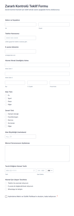 Zararlı Kontrolü Teklif Form Şablonu