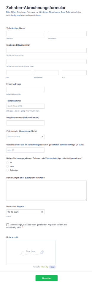 Zehnten Abrechnungsformular