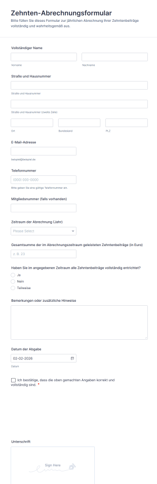 Zehnten Abrechnungsformular