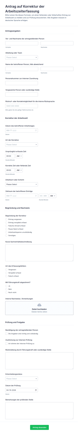 Zeiterfassungsänderungsantrag Formular
