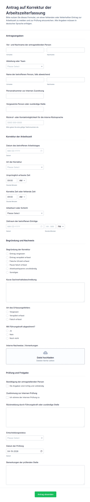 Zeiterfassungsänderungsantrag Formular