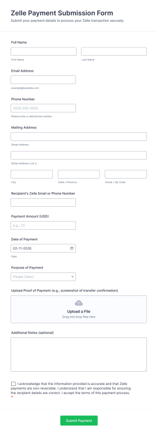 Zelle Payment Submission Form Template