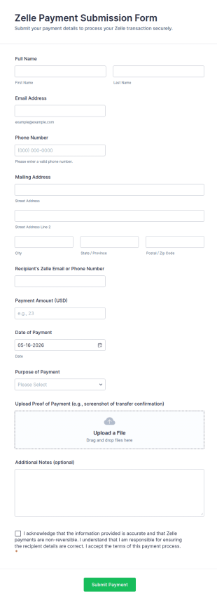 Zelle Payment Submission Form Template