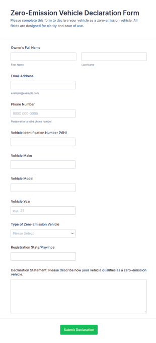 Zero Emission Vehicle Declaration Form Template