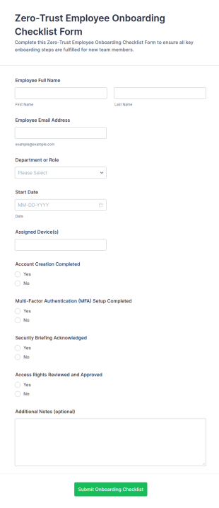 Zero Trust Employee Onboarding Checklist Form Template