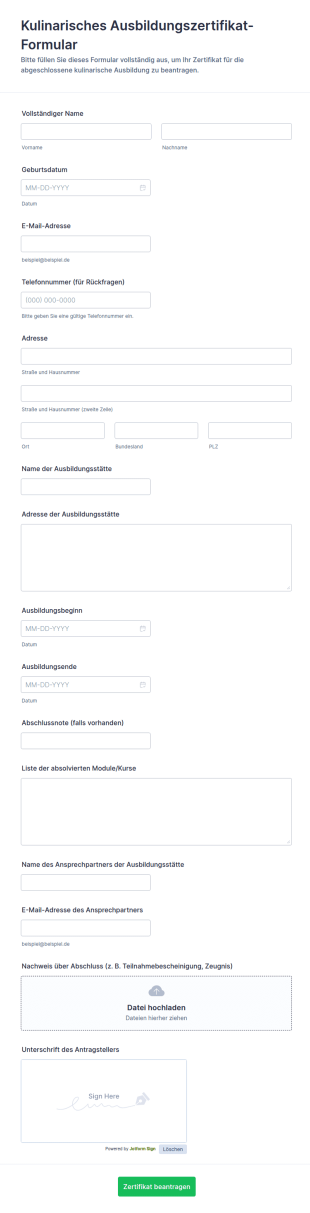 Zertifikat Für Die Kulinarische Ausbildung Form