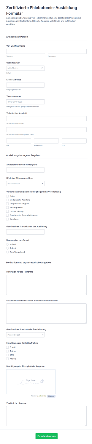Zertifizierte Phlebotomie Schulung Anmeldeformular