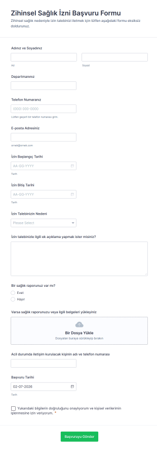 Zihinsel Sağlık İzni Başvuru Form Şablonu